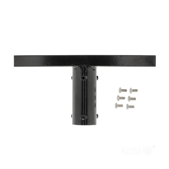 Zwart metalen T-vormige montagebeugel voor LED-schijnwerper, vooraanzicht, inclusief zes montagemoeren en -bouten.