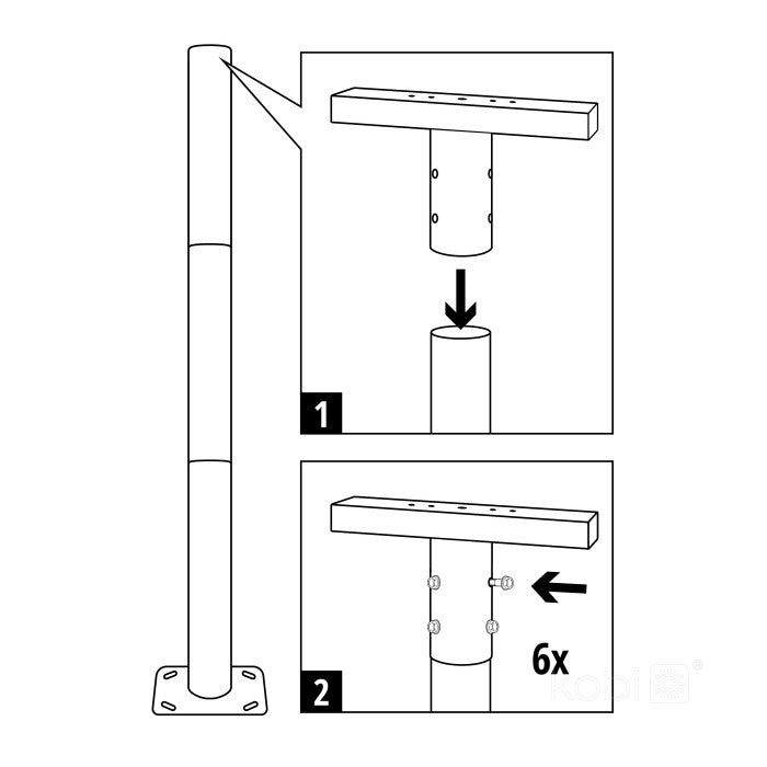 Montage-instructie voor metalen paal met T-stuk, zijaanzicht; toont bevestiging van het bovenste T-stuk op een verticale paal met 6 bouten.