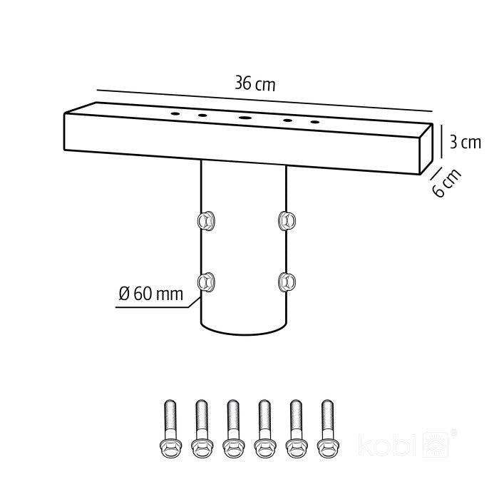 Technische lijntekening van een universele T-verbindingsbeugel voor paalmontage, met een buisdiameter van 60 mm en afmetingen van 36 cm x 6 cm x 3 cm, inclusief zes bevestigingsbouten – vooraanzicht.