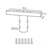 Technische lijntekening van een universele T-verbindingsbeugel voor paalmontage, met een buisdiameter van 60 mm en afmetingen van 36 cm x 6 cm x 3 cm, inclusief zes bevestigingsbouten – vooraanzicht.