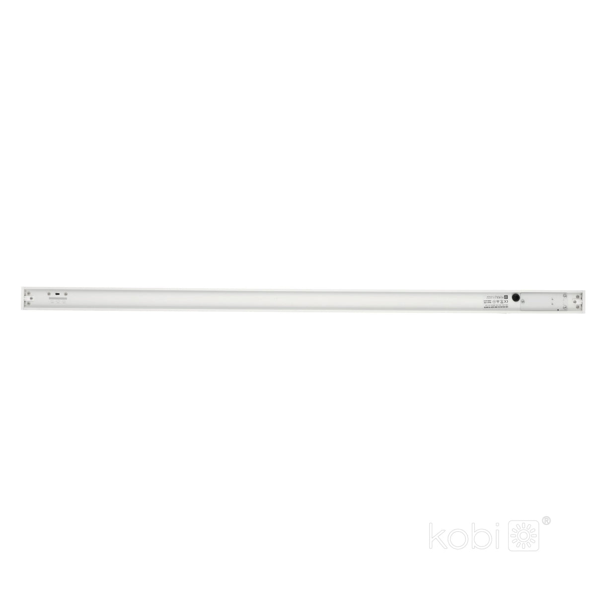 Wit metalen TL-armatuur met LED-buis, frontaal aanzicht, geschikt voor plafond- of wandmontage in industriële of commerciële ruimtes.