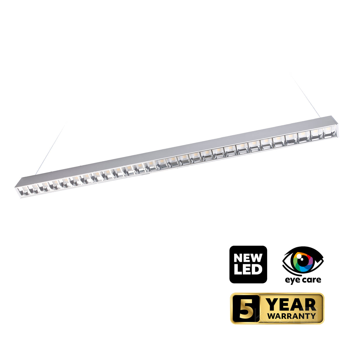 Moderne LED lijnverlichting, hangend aan kabels, gezien in diagonaal onderaanzicht, met anti-verblindingsreflectoren; voorzien van pictogrammen voor 'Nieuwe LED', 'Oogvriendelijk' en '5 jaar garantie'.