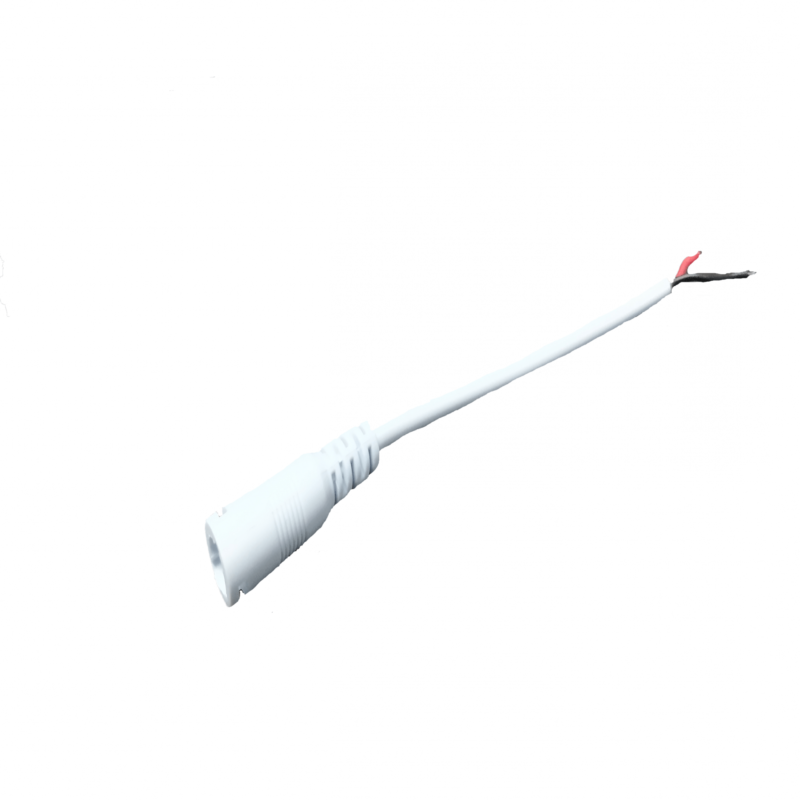 Witte DC female connector met open uiteinde, schuine zijaanzicht op witte achtergrond – ideaal voor lagespanningsverbindingen zoals LED-verlichting of CCTV-apparatuur.