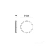 Technische tekening van een ronde plafondlamp met een diameter van 225 mm en een dikte van 28 mm, zichtbaar in vooraanzicht en zijaanzicht.