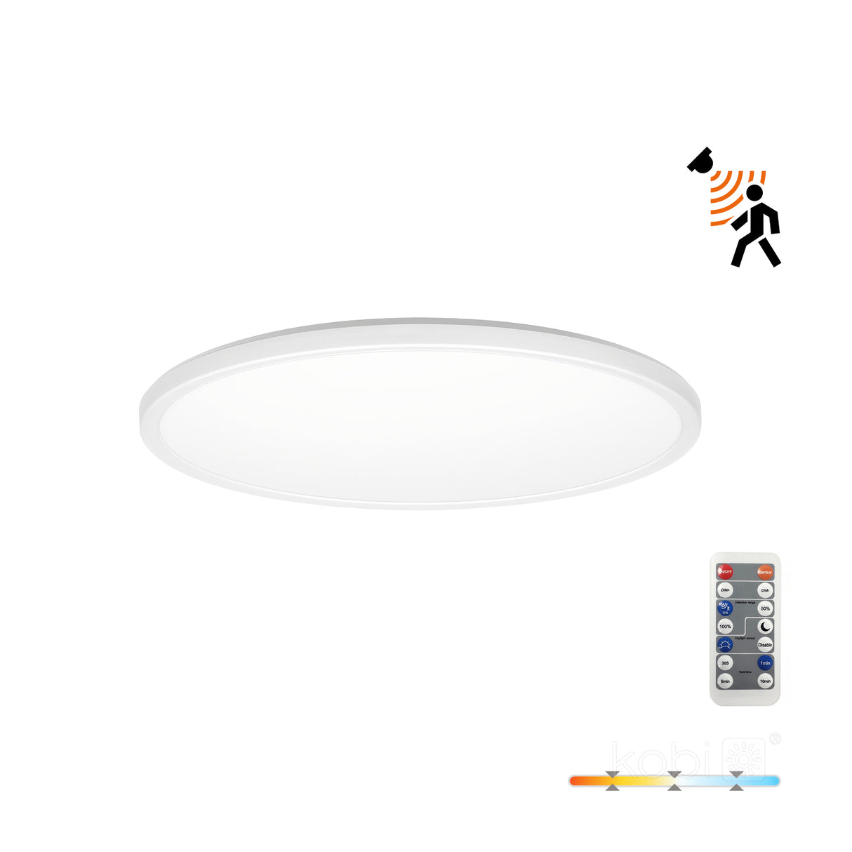 Witte ronde LED plafondlamp met bewegingssensor en afstandsbediening, instelbare kleurtemperatuur, onderaanzicht.