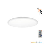 Witte ronde LED plafondlamp met bewegingssensor en afstandsbediening, instelbare kleurtemperatuur, onderaanzicht.