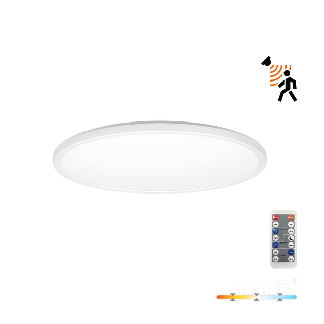 Witte ronde LED plafondlamp met bewegingssensor en afstandsbediening, instelbare kleurtemperatuur, onderaanzicht.