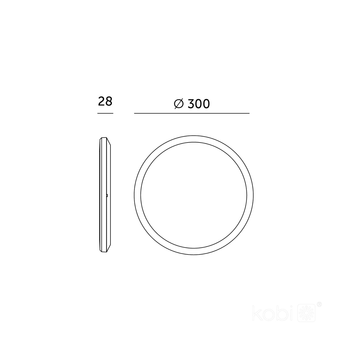 Technische tekening van een ronde plafondlamp met een diameter van 300 mm en een dikte van 28 mm, getoond in bovenaanzicht en zijaanzicht.