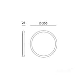 Technische tekening van een ronde plafondlamp met een diameter van 300 mm en een dikte van 28 mm, getoond in bovenaanzicht en zijaanzicht.