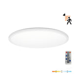 Ronde LED plafondlamp met bewegingssensor en afstandsbediening, verstelbare kleurtemperatuur, bovenaanzicht.