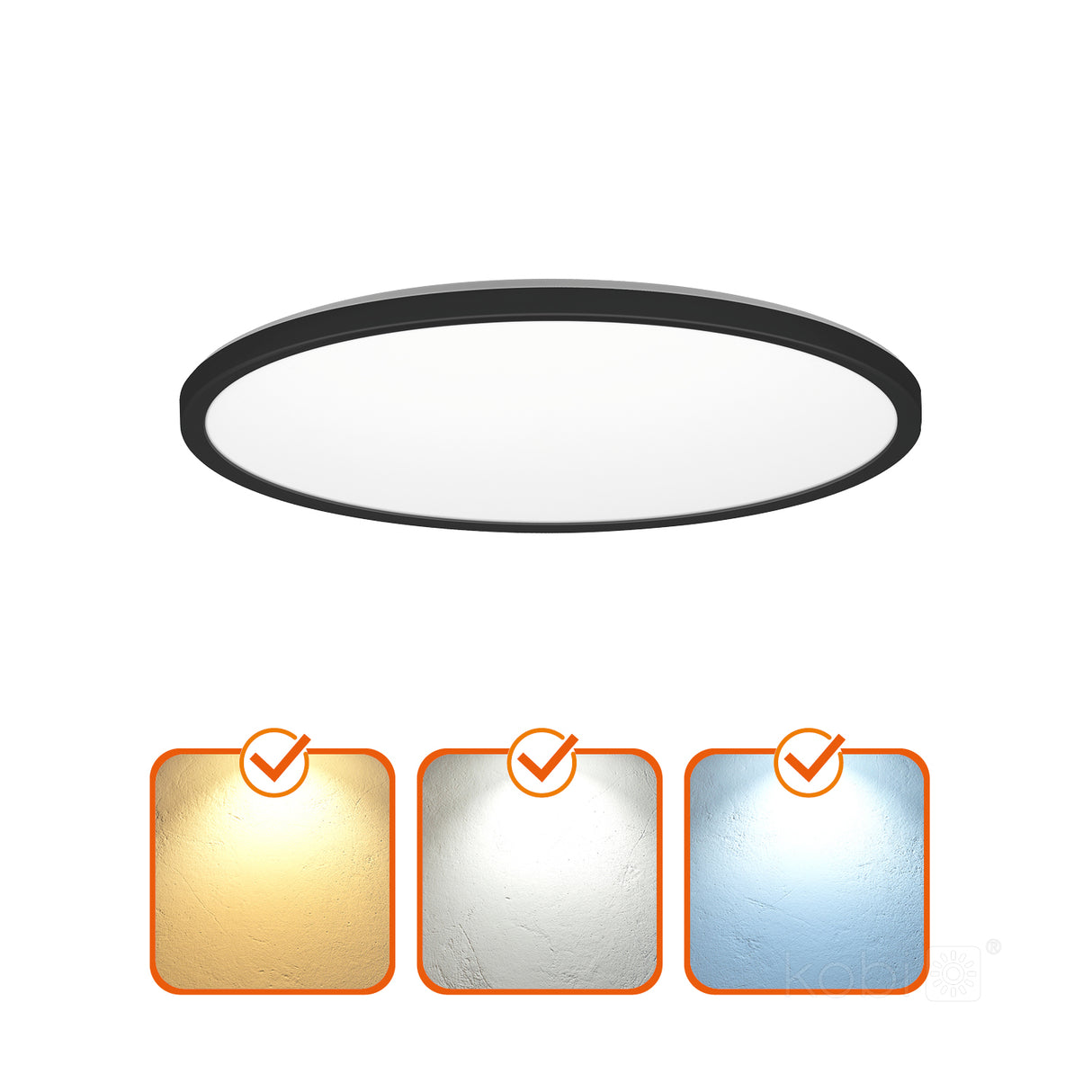Ronde zwarte LED plafondlamp met instelbare kleurtemperaturen (warm wit, neutraal wit en koud wit), vooraanzicht.