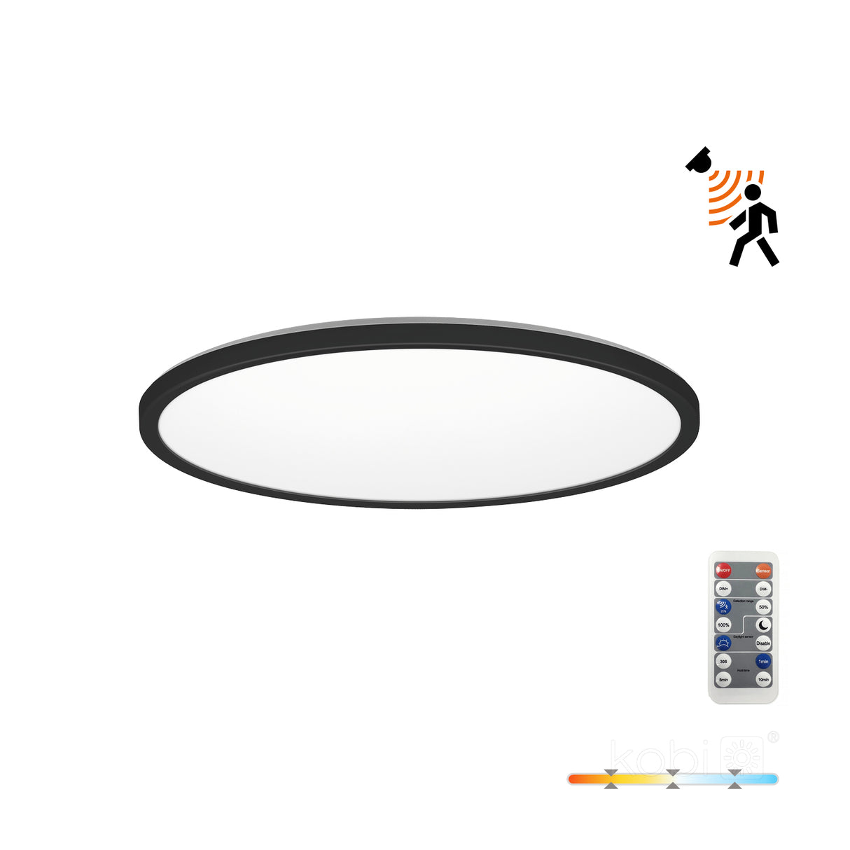 Moderne ronde LED plafondlamp met zwarte rand, draadloze afstandsbediening en bewegingssensor, afgebeeld in onderaanzicht tegen een witte achtergrond.
