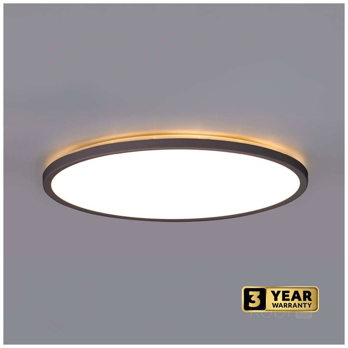 Moderne ronde LED plafondlamp met zwarte omlijsting en warm wit achterlicht, weergegeven vanuit een onderaanzicht tegen een grijze plafondachtergrond; inclusief 3 jaar garantie.