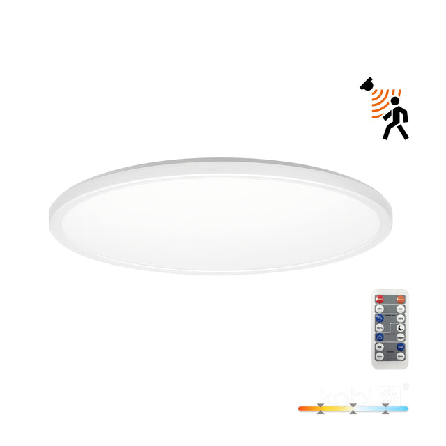 Ronde LED plafondlamp met bewegingssensor en afstandsbediening, wit armatuur, zicht vanonderen, met instelbare kleurtemperatuur van warm wit naar koel wit.
