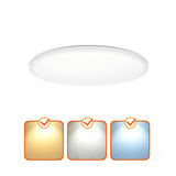 Rond LED plafondlamp, bovenaanzicht, met instelbare kleurtemperaturen: warm wit, neutraal wit en koel wit licht.