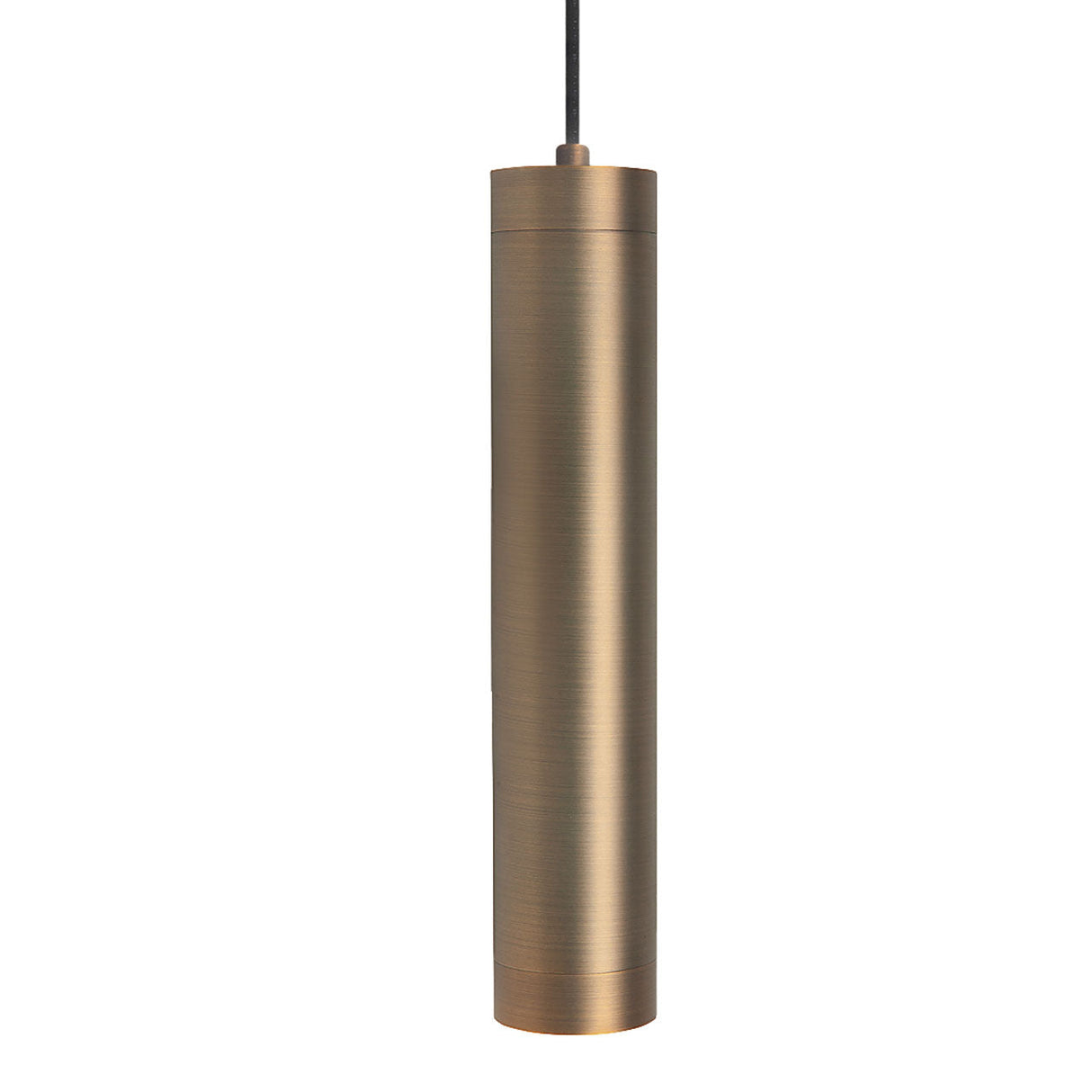 Cilindervormige hanglamp in geborsteld brons, frontaal aanzicht, minimalistisch en modern design geschikt voor eigentijdse interieurs.